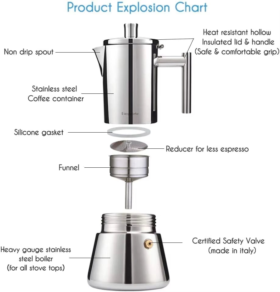 Diego Stovetop Espresso Maker Stainless Steel Italian Coffee Machine Maker Induction Moka Pot